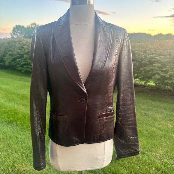 Calvin Klein Brown Leather Button Front Jacket Blazer - Picture 3 of 16